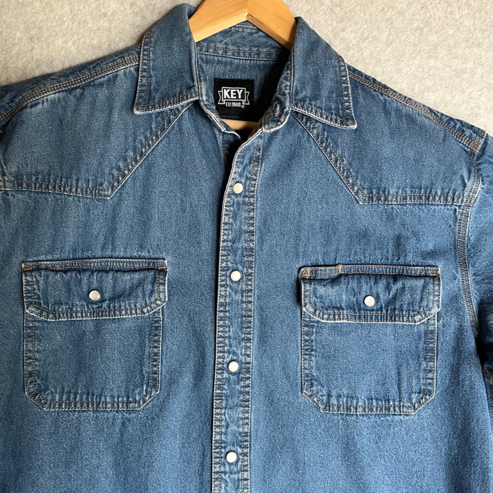 Key Industries Mens Denim Western Pearl Snap Shirt Blue Long Sleeve Cotton Large